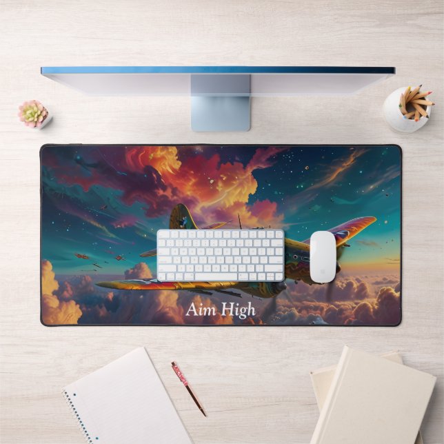 Fun Cute Plane in Colorful Clouds Desk Mat (Office 1)