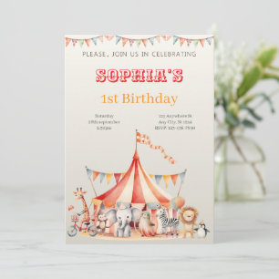 Fun Cute Red Circus Kids Birthday Invitation
