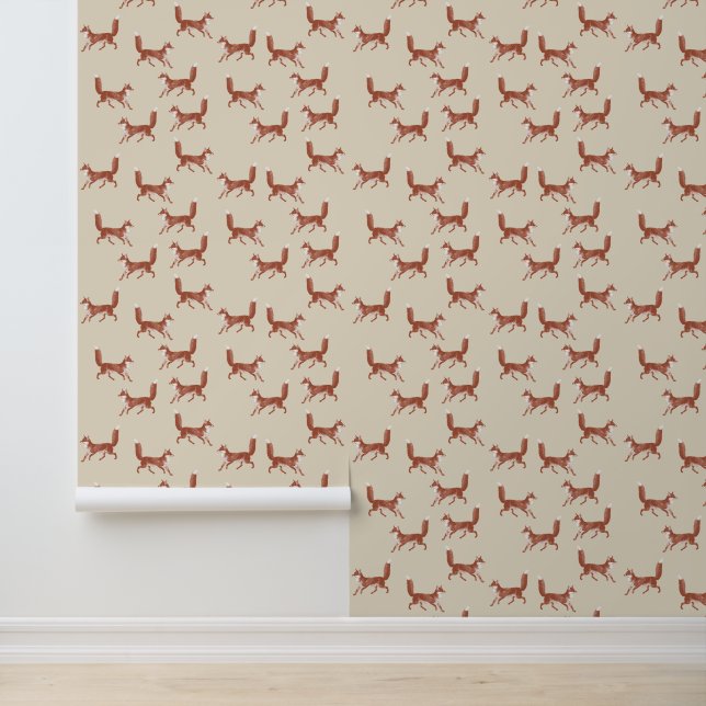 Fun Cute Red Fox Pattern on Beige Wallpaper (Application)
