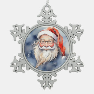 Fun Cute Red Hat Santa Claus Portrait Watercolor Snowflake Pewter Christmas Ornament