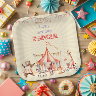 Fun Cute Red & Pink Circus Kids Birthday Paper Plate