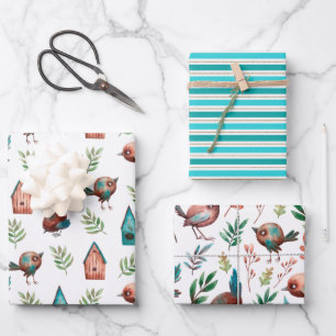 Fun Cute Rustic Little Birds Houses Stripes Wrapping Paper Sheet