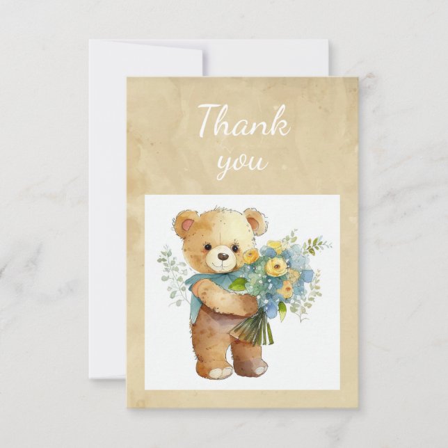 Fun Cute Teddy Bear Bouquet Flowers Thanks Thank You Card (Front)