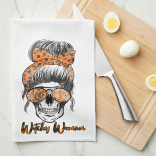 Fun Cute Witchy Women Orange Black Halloween Tea Towel