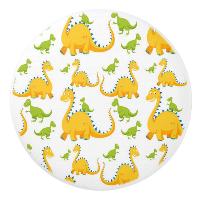 Fun Cute Yellow And Green Dinosaurs Ceramic Knob (Front)