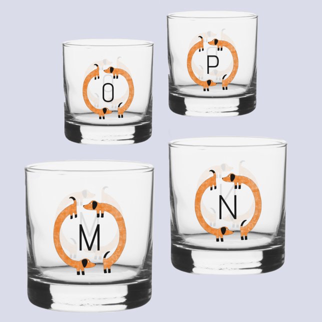 Fun Dachshund Wiener Sausage Dog Monogram Initial Whiskey Glass (Fun Dachshund Wiener Sausage Dog monogram initial personalized glasses)