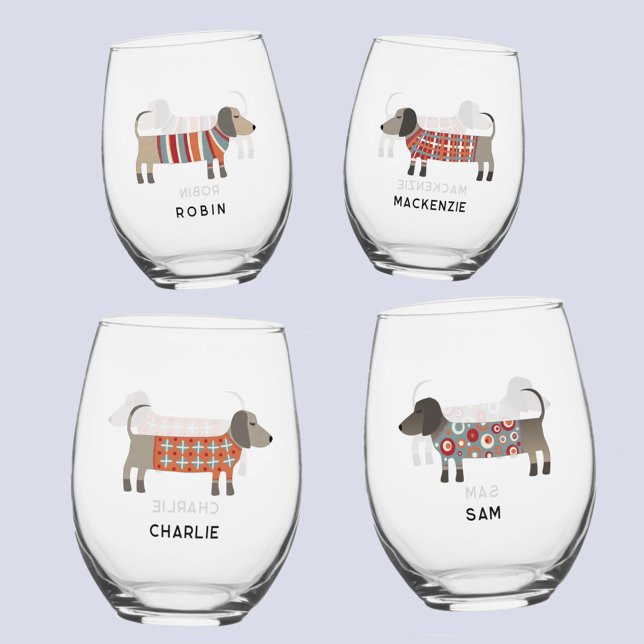Fun Dachshund Wiener Sausage Dog Personalised Name Stemless Wine Glass (Fun Dachshund Wiener Sausage Dog personalized name glasses)