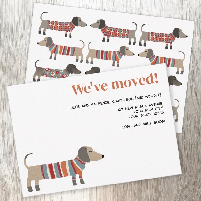 Fun Dachsund Dog Moving Announcement (Adorable Dachshund wiener sausage dog personalized custom text new home moving announcement)