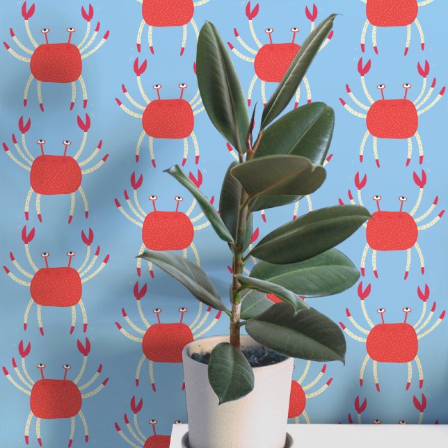 Fun Dancing Crab Coastal Pattern Wallpaper (Dancing crabs fun coral and blue peel and stick wallpaper for coastal home decor)
