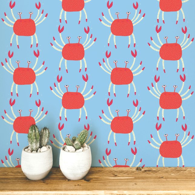 Fun Dancing Crab Coastal Pattern Wallpaper (Dancing crabs fun coral and blue peel and stick wallpaper for coastal home decor)