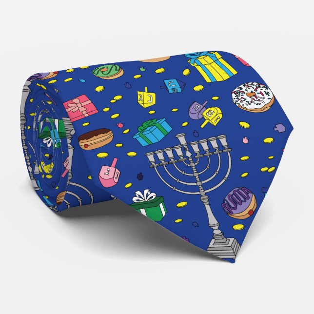 Fun Dark Blue Hanukkah Pattern  Tie (Rolled)