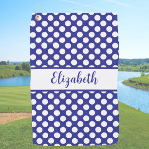 Fun Dark Blue polka dots custom name ladies Golf Towel