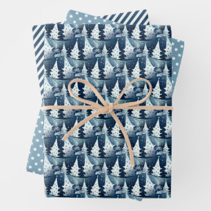 Fun Dark Light Blue Abstract Pine Tree Pattern Wrapping Paper Sheet