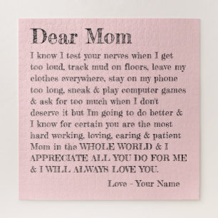 Fun Dear Mum Typography Pink Grey Personalised  Jigsaw Puzzle