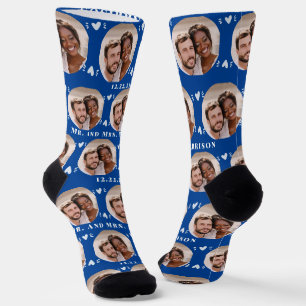 Fun Deep Blue Newlyweds Photo Pattern Socks