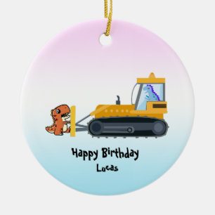 Fun DINO dinosaur tractor Farm School Birthday boy Ceramic Ornament