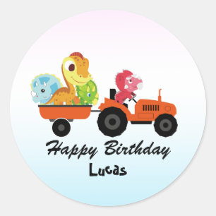 Fun DINO dinosaur tractor Farm School Birthday boy Classic Round Sticker
