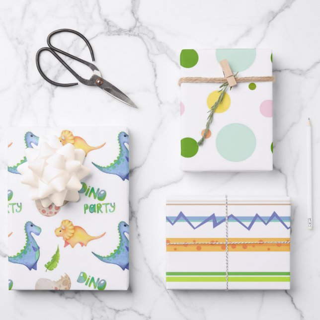 Fun Dino Party Dinosaur Dots Lines Cute Kids  Wrapping Paper Sheet (Front)