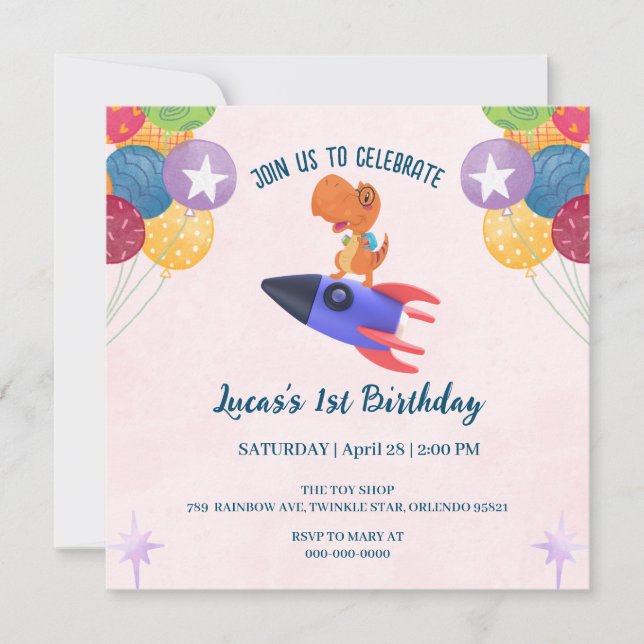 Fun dinosaur colourful rocket School Birthday part Invitation (Front)