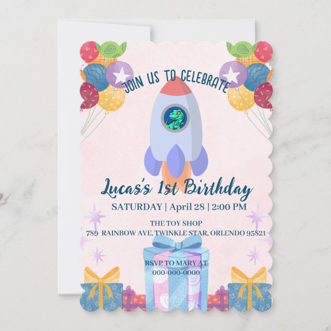 Fun dinosaur colourful rocket School Birthday part Invitation (Front)