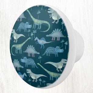 Fun Dinosaur Pattern Blue Teal Green Ceramic Knob