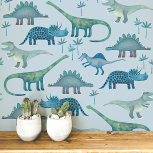 Fun Dinosaur Pattern Blue Wallpaper