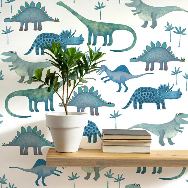 Fun Dinosaur Pattern Blue White Kids Wallpaper (Dinosaur Tyrannosaurus Rex Stegosaurus triceratops diplodocus kids peel and stick wallpaper)