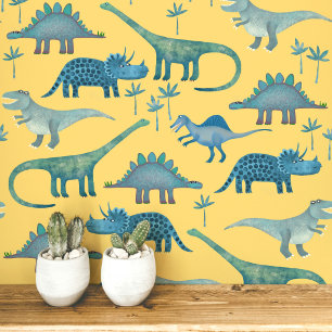 Fun Dinosaur Pattern Blue Yellow Wallpaper