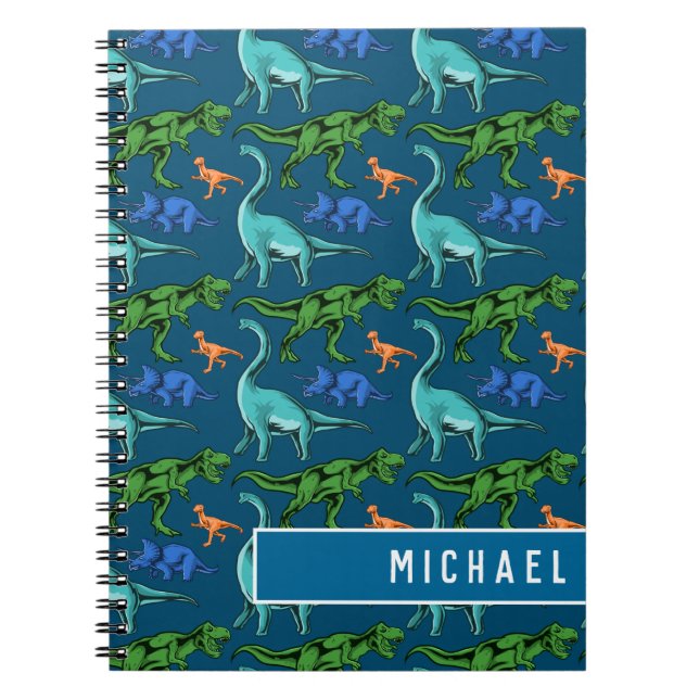Fun Dinosaur Pattern Kids Blue Name School Notebook (Front)