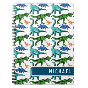 Fun Dinosaur Pattern Kids White Blue Name School Notebook