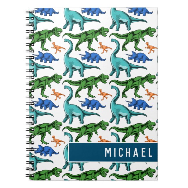 Fun Dinosaur Pattern Kids White Blue Name School Notebook (Front)