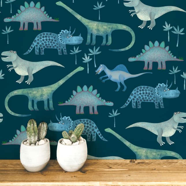 Fun Dinosaur Pattern Teal Green Wallpaper (Dinosaur Tyrannosaurus rex, stegosaurus, triceratops diplodocus teal green peel and stick wallpaper)