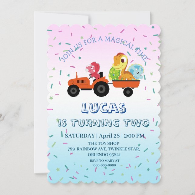 Fun dinosaur tractor Truck Birthday party DIY NAME Invitation (Front)