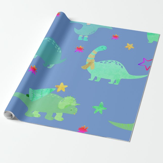 FUN DINOSOAR IN BLUE KID'S WRAPPING PAPER (Unrolled)