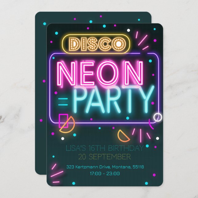 Fun Disco Neon 16th party Invitation (Front/Back)