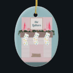 Fun Disco Pink Custom Christmas  Ceramic Ornament<br><div class="desc">A groovy custom Ornament for your fun family! This ornament includes a mantle with pink bottlebrush trees,  disco balls,  and stockings. The family name on the front and year on the back can be customised using the personalisation feature.</div>