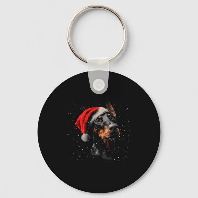 Fun Doberman Dog Christmas Lights Santa Hat Long S Key Ring (Front)