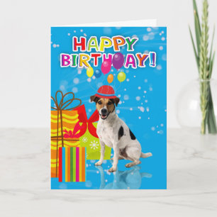 fun dog birthday card, dog is wearing a party hat card