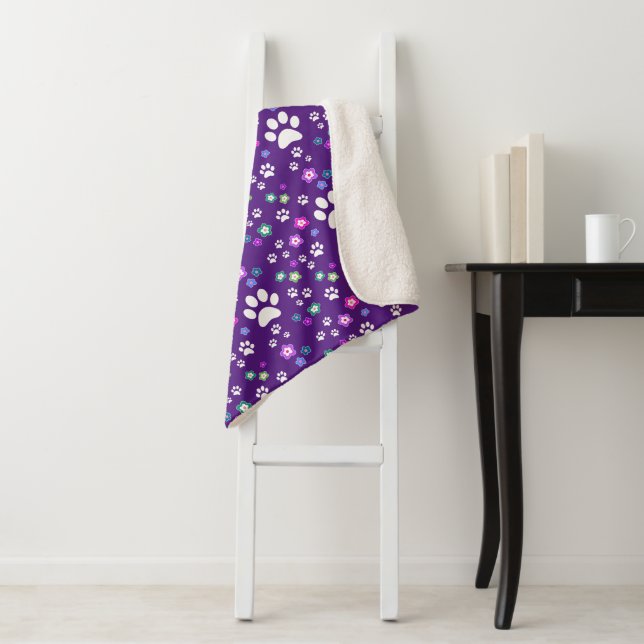 Fun Dog Blanket, Purple Dog Paw Print Sherpa Blanket (In Situ)