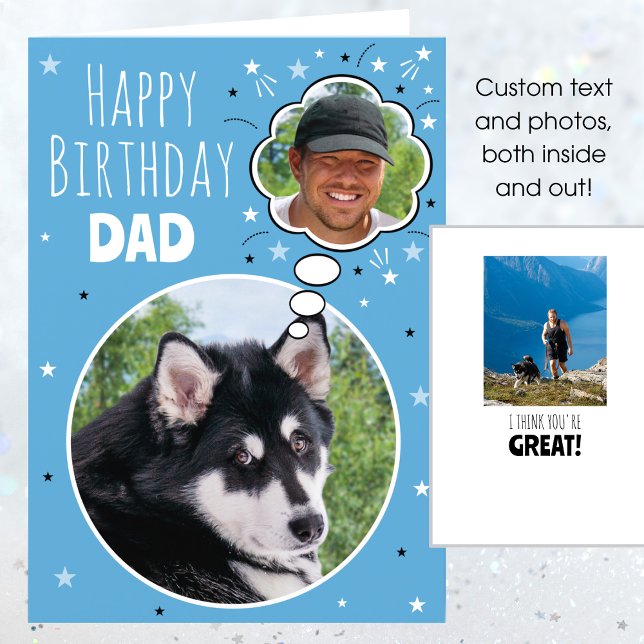 Fun Dog Dad Birthday Thought Bubble Photo Blue Card (Creator Uploaded)