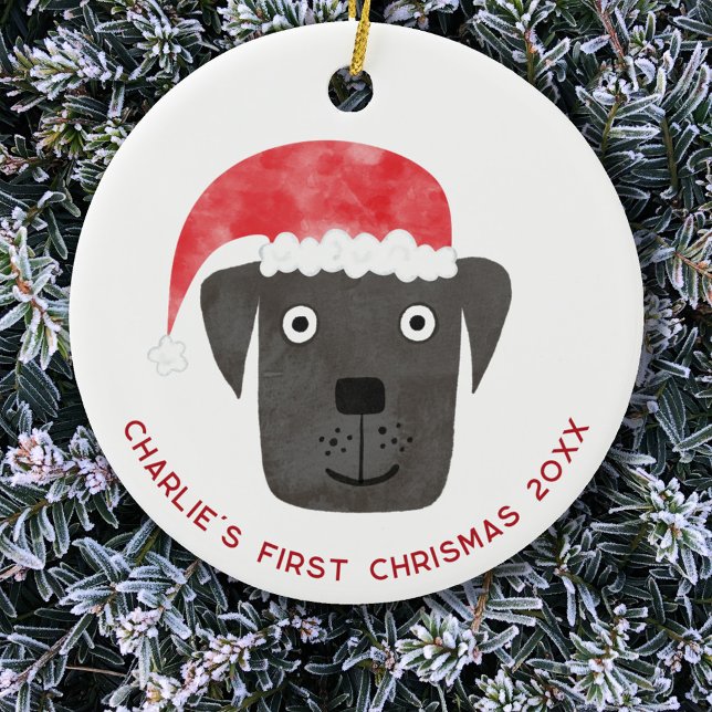 Fun Dog First Christmas Personalised Ceramic Ornament (Fun Black Labrador Retriever Dog personalized name first christmas date ceramic ornament)