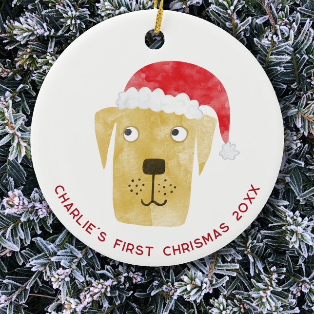 Fun Dog First Christmas Personalised Ceramic Ornament (Fun Yellow Golden Labrador Retriever Dog personalized name first christmas date ceramic ornament)