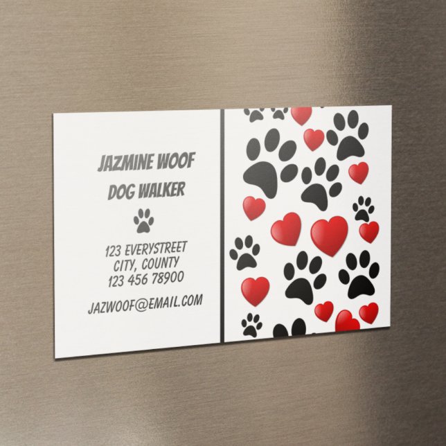 Fun Dog Walker Paw and Hearts Pet Sitter Business Magnetic Business Card (Creator Uploaded)