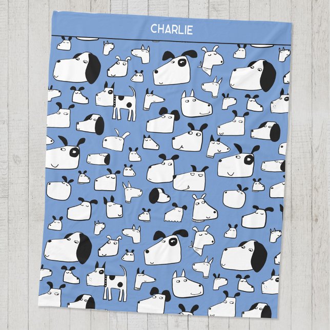 Fun Dogs Personalised Fleece Blanket (Fun dog cartoon blue personalized custom name fleece blanket)
