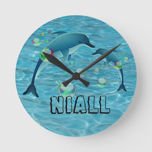 Fun Dolphin and Bubbles  Round Clock (Front)