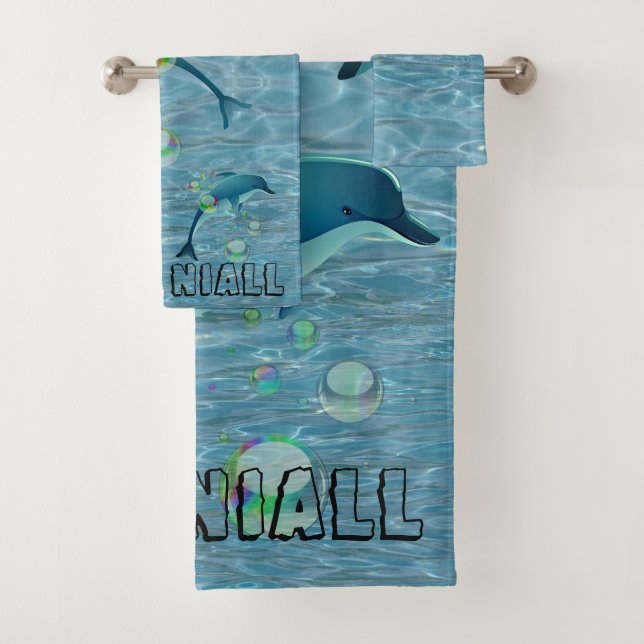 Fun Dolphin with Bubbles in Water Personalised Bath Towel Set (Insitu)