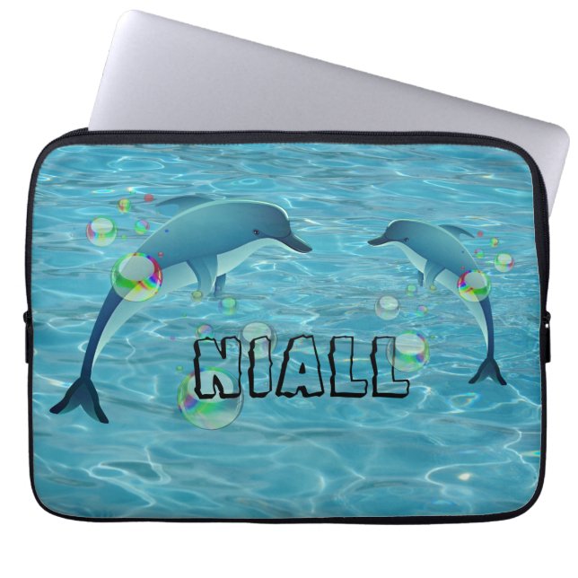 Fun Dolphins and Bubbles  Personalised  Laptop Sleeve (Front)
