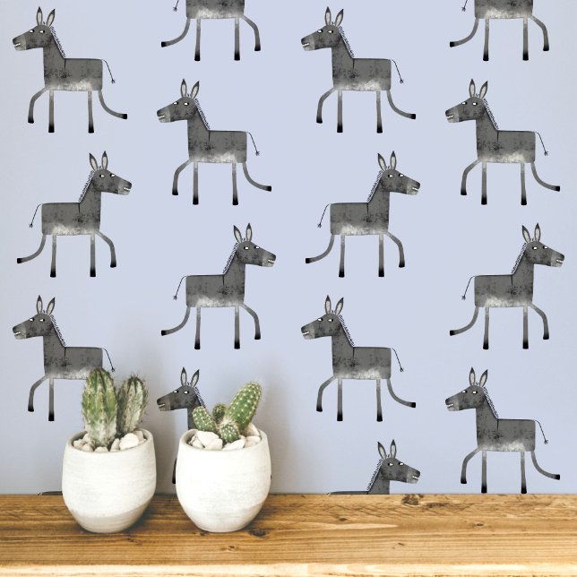 Fun Donkey Grey Blue Pattern Wallpaper (Fun donkey pattern peel and stick wallpaper in gray and blue)