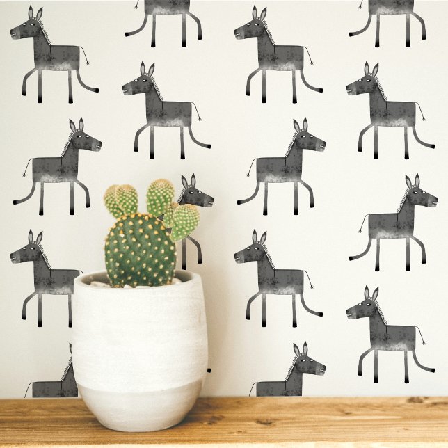 Fun Donkey Grey White Pattern Wallpaper (Fun donkey pattern peel and stick wallpaper in gray and white)