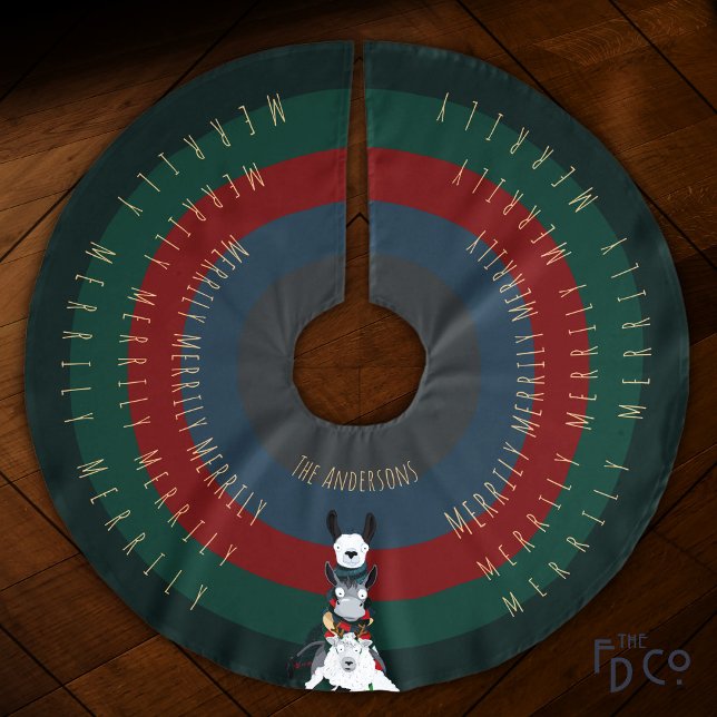 Fun Donkey Llama Sheep + All around Holiday Text Brushed Polyester Tree Skirt (Creator Uploaded)